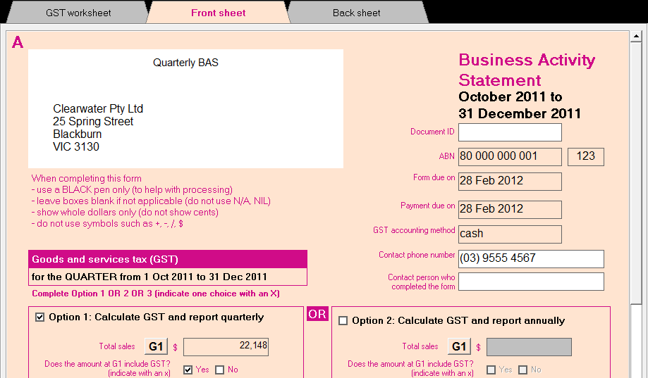 MYOB, Xero & QuickBooks-Reporting-Training Course-GST-BAS-Front-Sheet